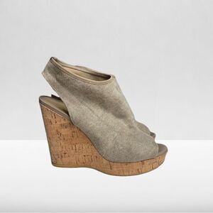 Stuart Weitzman Cork Wedge Platform Sandals with Gray/Tan Cloth Upper Size 9